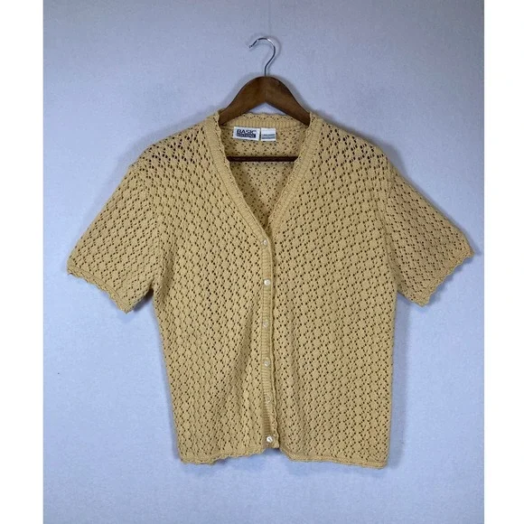 Vintage Basic Editions Women Large Yellow Crochet Knit Short Sleeve Cardigan - Picture 1 of 8